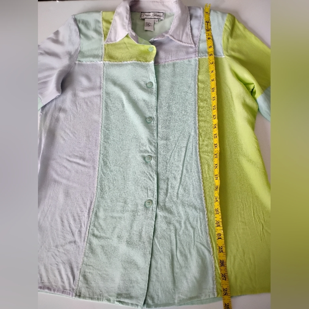 Diane Gilman Silk Beaded Button Up Blouse Pastel Chartreuse Lilac Size Medium - Picture 14 of 14
